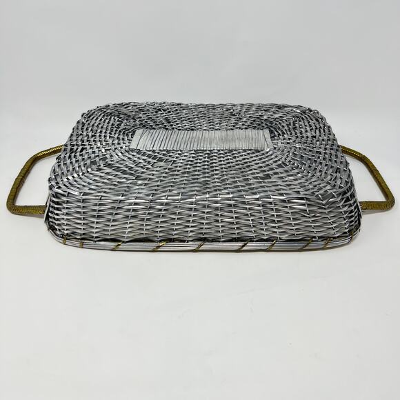 Vintage Mid Century Casserole Holder Woven Aluminum Brass Table Serving Basket - Picture 15 of 15
